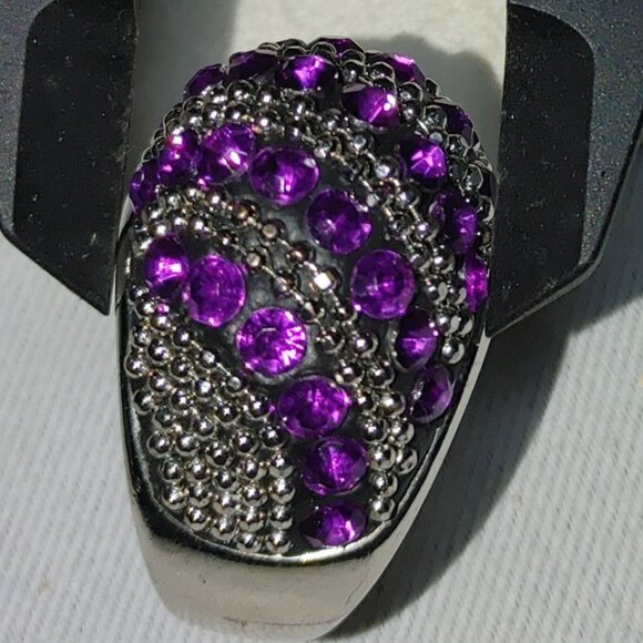 Beehive Dome Ring Purple Rhinestones Size 9 Beaded Accents Vintage Silver Tone - Picture 6 of 10